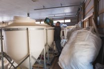 Человек кладет зерно в элеватор на заводе — стоковое фото