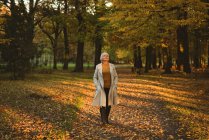 Thoughtful senior woman in jacket looking up in the autumn forest during daytime — Stock Photo