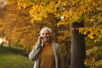 Mujer mayor sonriente tomando el teléfono en el parque durante el amanecer - foto de stock