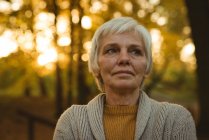 Close-up thoughtful senior woman in autumn park — Stock Photo
