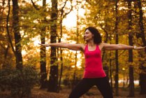 Woman performing exercise in forest on a sunny day — Stock Photo