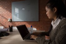 Жіночий керівник використовує ноутбук в конференц-залі в офісі . — стокове фото