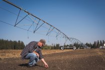 Bauer überprüft fruchtbaren Boden auf dem Feld an einem sonnigen Tag — Stockfoto
