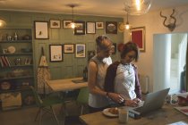 Casal de lésbicas usando laptop na sala de estar em casa . — Fotografia de Stock