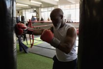 Determined senior man practicing boxing on punching bag. — Stock Photo