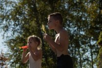 Брат и сестра играют с пузырьковой палочкой в парке в солнечный день — стоковое фото