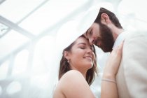Nahaufnahme des lächelnden Brautpaares unter dem Schleier — Stockfoto