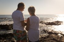 Вид сзади на пожилую пару, стоящую у моря в солнечный день — стоковое фото