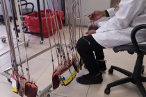 Laboratory technician analyzing blood bag in blood bank — Stock Photo