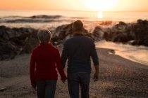 Вид сзади на пожилую пару, гуляющую по пляжу во время заката — стоковое фото