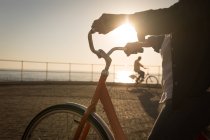 Seção média da mulher sênior segurando bicicleta no passeio — Fotografia de Stock
