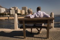 Vista trasera de la pareja de ancianos sentados en el banco en el paseo marítimo - foto de stock