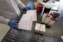 Técnico de laboratorio verificando facturas en banco de sangre - foto de stock