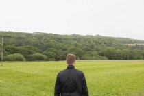 Visão traseira do homem em pé na paisagem verde — Fotografia de Stock