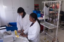 Technicien de laboratoire écrivant sur une étiquette dans une banque de sang — Photo de stock