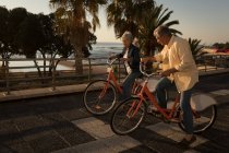 Старша пара їде на велосипеді на набережній в сонячний день — стокове фото