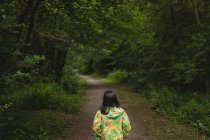 Visão traseira da menina sozinha no caminho da floresta — Fotografia de Stock