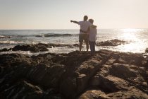Vista posteriore dell'uomo anziano in piedi sulla roccia vicino al mare — Foto stock