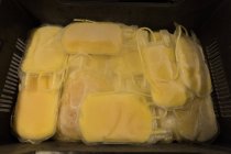 Gros plan des sacs de plasma dans une caisse à la banque de sang — Photo de stock