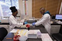 Tecnico di laboratorio che analizza la soluzione chimica nella banca del sangue — Foto stock