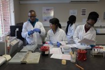 Techniciens de laboratoire interagissant les uns avec les autres dans la banque de sang — Photo de stock