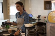 Kellnerin steht mit nfc-Maschine im Café — Stockfoto