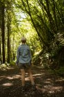 Visão traseira da mulher em pé na floresta — Fotografia de Stock