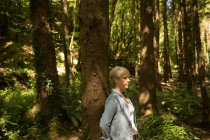 Задуманная женщина, стоящая в лесу — стоковое фото