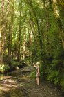 Женщина делает селфи с мобильным телефоном в лесу — стоковое фото