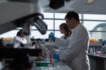 Équipe de scientifiques expérimentant ensemble en laboratoire — Photo de stock