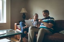 Happy senior couple using laptop in living room at home — Stock Photo