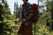 Mezzo sezione di uomo a piedi con palo da trekking in campagna — Foto stock