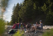 Grupo de excursionistas acampando cerca de ribera - foto de stock