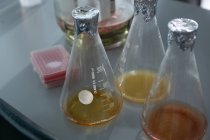 Крупный план колбы с химикатами в лаборатории — стоковое фото