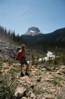 Жіночий мандрівного, стоячи на горі в горах — стокове фото