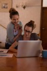 Coppia lesbica che utilizza il computer portatile mentre tiene il bambino a casa — Foto stock