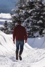 Вид сзади на человека, идущего по снежному региону зимой — стоковое фото