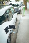 High angle view of electric car charging at charging station — Stock Photo