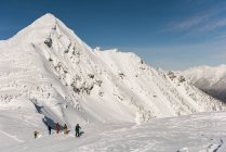 Grupo de esquiadores caminhando em uma montanha nevada durante o inverno — Fotografia de Stock