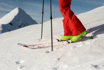 Partie basse du skieur masculin marchant avec planche de ski sur une montagne enneigée — Photo de stock