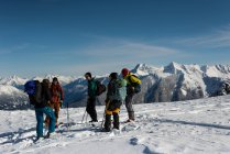 Група лижників, стоячи на снігові гори взимку — стокове фото