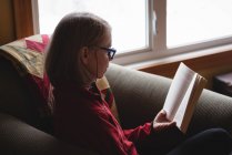 Mulher sênior ler livro na cadeira de braço na sala de estar em casa — Fotografia de Stock