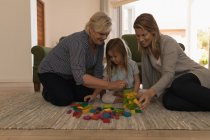 Família de várias gerações brincando com blocos de construção na sala de estar em casa — Fotografia de Stock