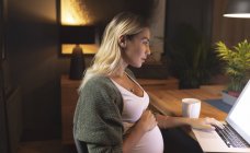 Mulher grávida concentrada usando laptop em casa — Fotografia de Stock