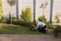 Вид збоку на жінку, що посаджує в саду в сонячний день — стокове фото