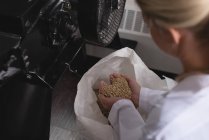Женщина-работница кладет пшеницу в дробилку машины на заводе — стоковое фото