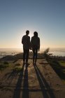 Silhueta de casal de mãos dadas em pé na praia — Fotografia de Stock