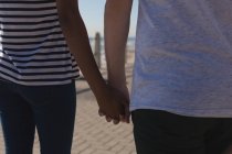 Sección media de la pareja cogida de la mano mientras camina por el paseo marítimo - foto de stock