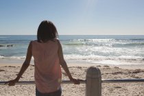 Vista posteriore della donna in piedi sul lungomare vicino alla spiaggia — Foto stock