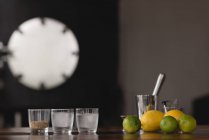 Nahaufnahme von Zitrusfrüchten, Weizenkorn und Gin mit Eis im Glas — Stockfoto